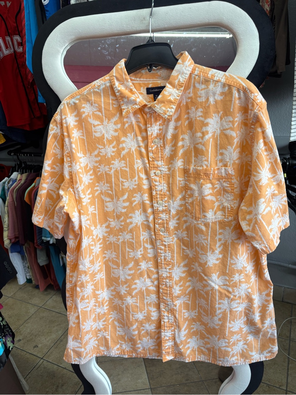 Croft & Barrow Orange and White Palm-Print Short-Sleeve Button-Down Shirt